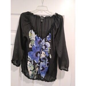 White House Black Market Sheer Floral‎ Print Blouse Top Black Blue Size M